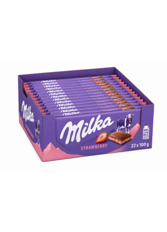 Pieninis šokoladas MILKA su braškių skonio jogurto įdaru, 100g x 22 vnt dėžė. 1,39€ - vnt
